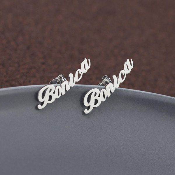 

1 pair personalized custom name earrings for women customize initial cursive nameplate stud earring gift for friend girls, Golden;silver