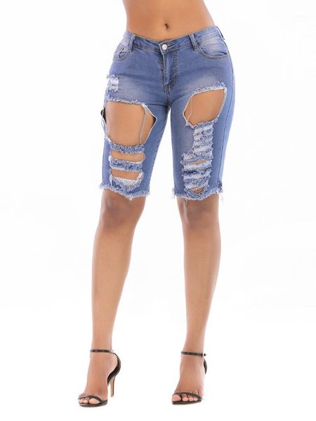 

summer knee length comfortable womens pants casual fashion cool ladies clothing hole ripped women designer jeans, Blue