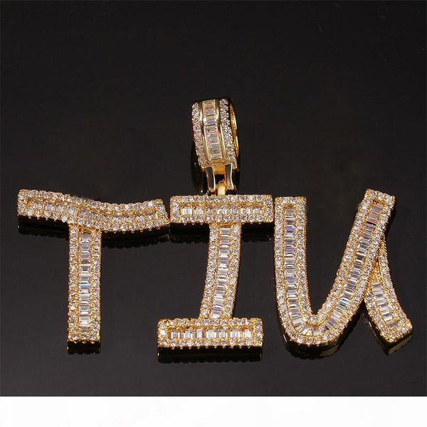 

custom name iced out baguette initials letters hip hop pendant chain gold silver bling zirconia men's hip hop pendant jewelry