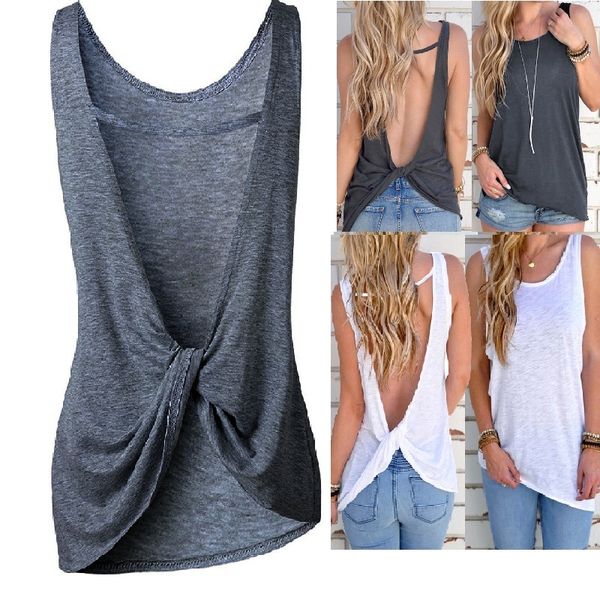 

women sleeveless vest women sleeveless backless vest open back knotted crop a line shirt, White