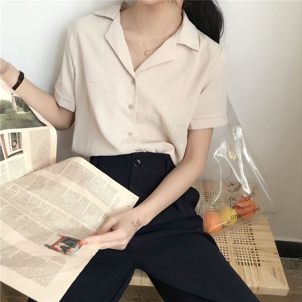 

2019chic с короткими рукавами шифон женщин костюм воротник персонализированные случайные корейский стиль все-матч рубашки сплошной цвет руба, White