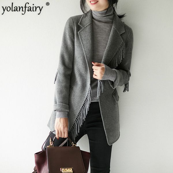 

100% wool coat women clothes 2020 spring jacket tassel korean fashion overcoat elegant abrigos para mujer wt122069vl kj4146, Black