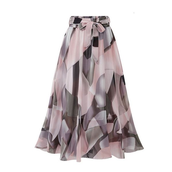 

2020 summer new fashion boho midi calf long beach party loose flare skirt bohemia chiffon floral printed women, Black