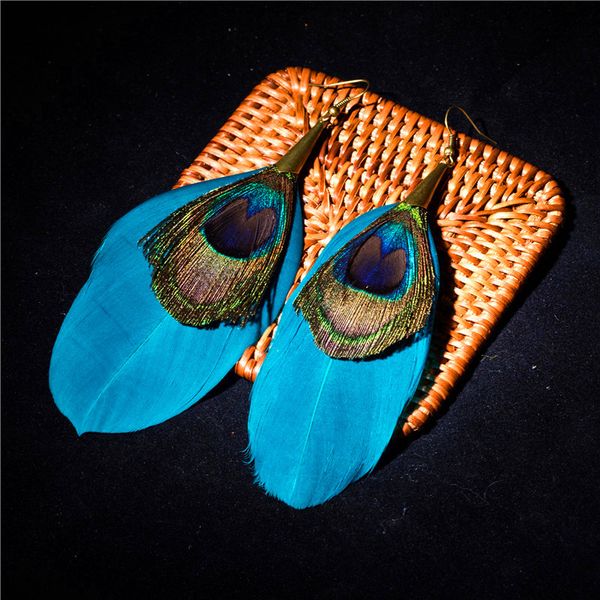 

ethnic big natuals blue feather earrings for women natual peacock feathers tassel bohemia pendant hit color earring jewelry, Silver