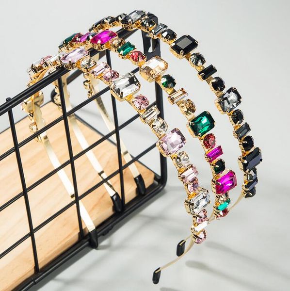 

luxury women's rectangle geometry colorful stone glass drill bling full crystal headband girl wedding party hair band hoop accessories, Silver