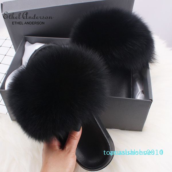 

ethel anderson fashion real raccoon fur slides slippers summer flip flops casual vogue fur sandals vogue plush shoes c14, Black