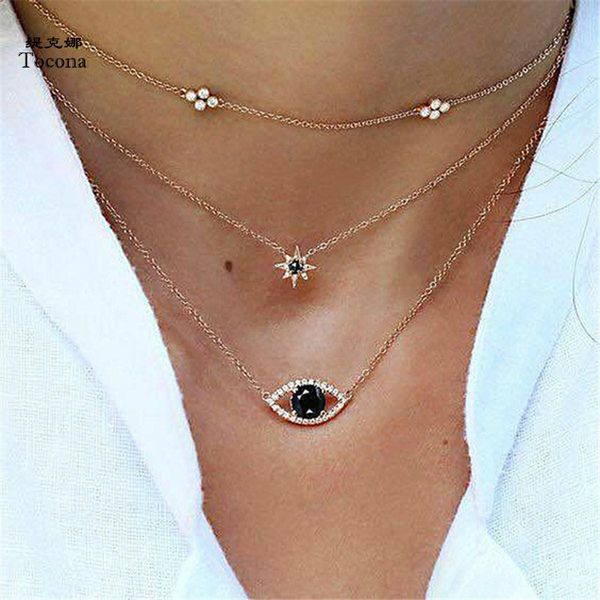 

bohemian star eye rhinestone pendant necklaces chokers multi layer gold chain necklace collar for women jewelry 3333, Silver