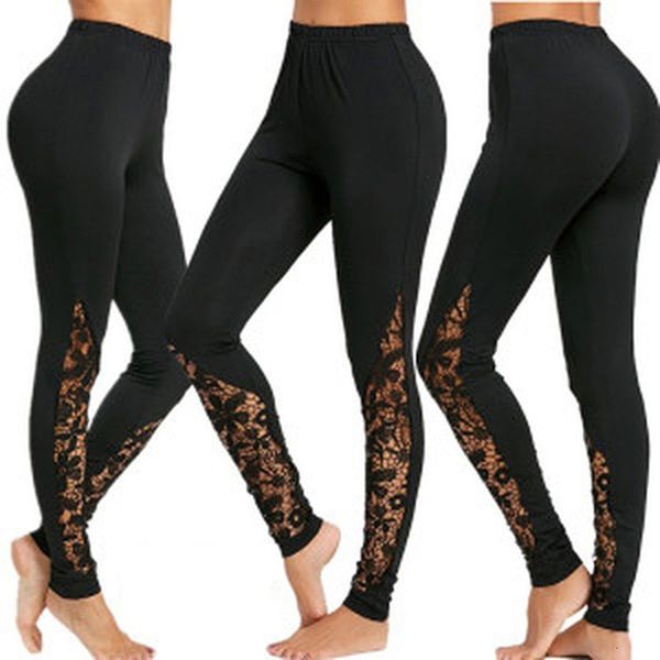 

lace fashion women patchwork skinny leggings polyester high elastic waist ankle length womens summer plus size leggings, Black