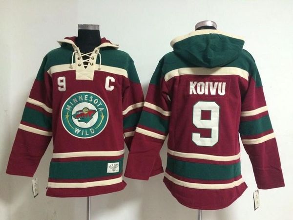 

minnesota wild old time hockey jerseys #9 mikko koivu red green hoodie pullover sweatshirts winter jacket, Black;red