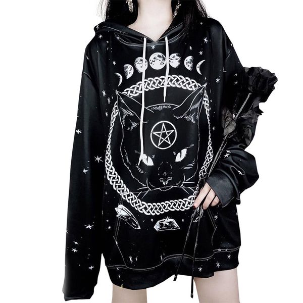 

dark night moon cat women hoodies 3d print long sleeves brand streetwear fashion sweatshirts animal pullover, Black