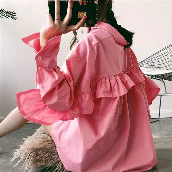 

ewq] 2020 spring sweet fashion ruffles turn-down collar batwing sleeve loose casual women shirt lady korea irregular blouse, White