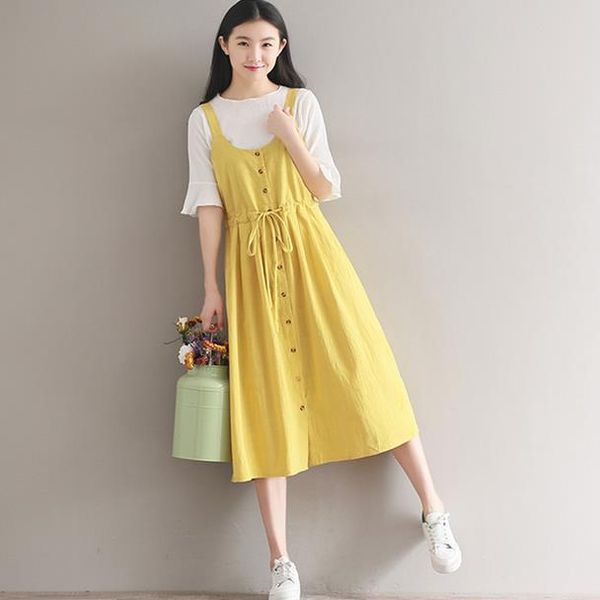 

summer dress 2020 new women spaghetti strap drawstring long cotton dresses mori girl sleeveless yellow sundress ae569, Black;gray