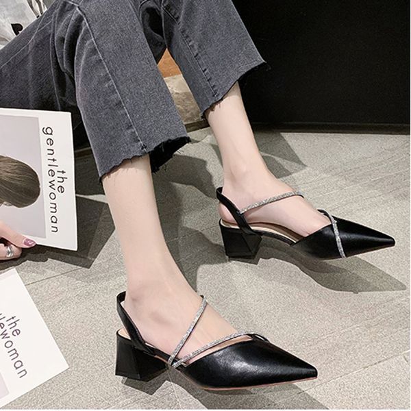 

women work shoes shiny crystal snake narrow band sandalias mujer pointy cover toe sandale chunky high heels sandals women2020, Black