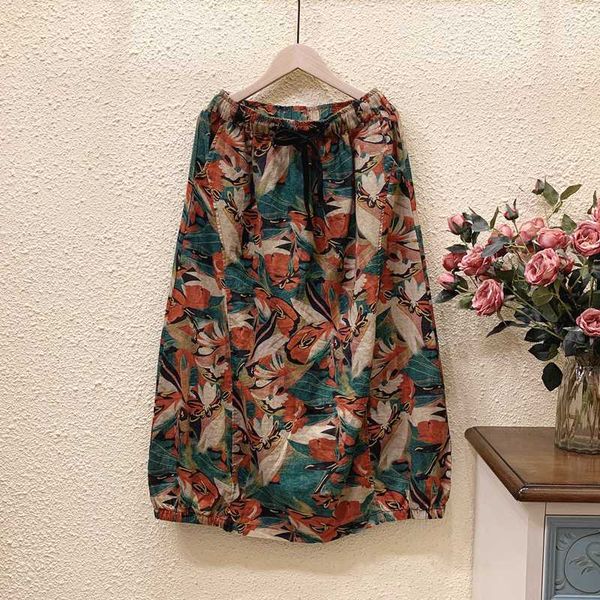 

multi color spring autumn skirts womens 2020 art retro elastic waist print linen skirt casual bud skirt, Black