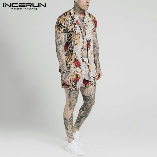 

incerun летней моды для мужчин наборов полиграфических вскользь с коротким рукавом отворот гавайки шорты 2 шт streetwear mens костюм бич, Gray