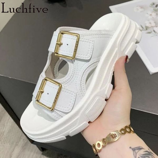 

buckle belt slippers woman open toe thick bottom ladies shoes summer slides loafers runway white shoes woman, Black
