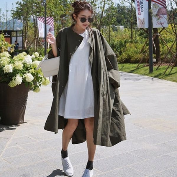 

k2qoq autumn new korean style windbreaker overalls trench coat women's bat sleeve mid-length student bf loose large sizegreen overalls, Tan;black