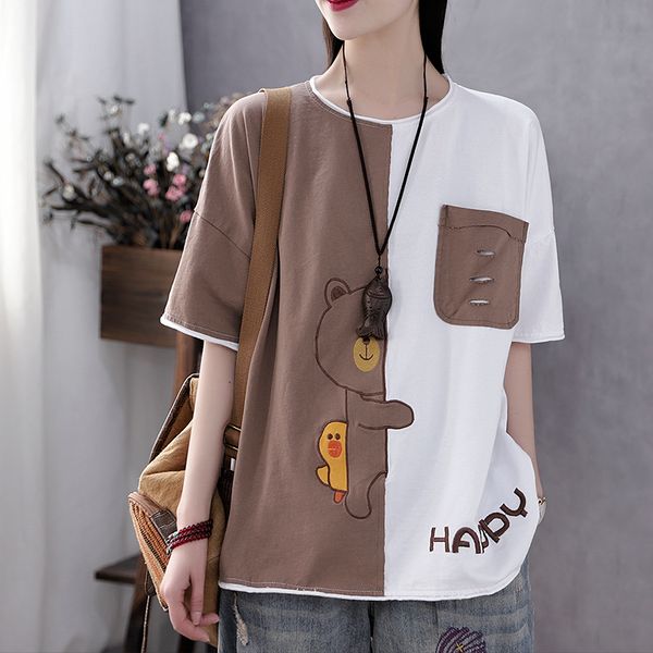 

women summer short sleeve cartoon printed contrast color patchwork funny t-shirts vintage oversized loose casual tee female, White