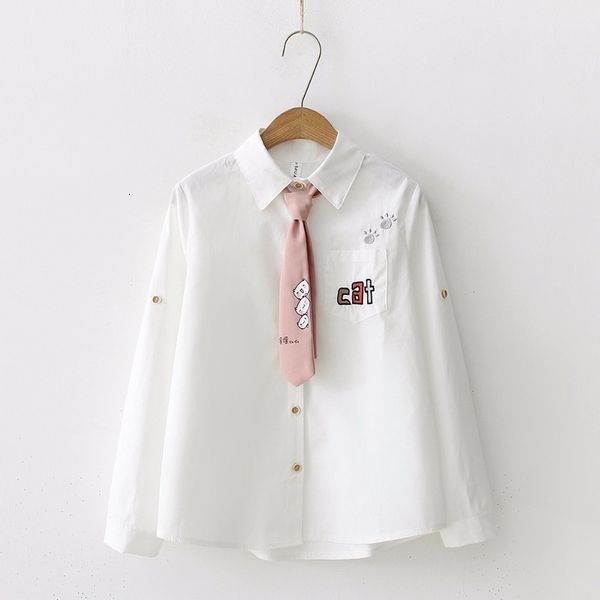 

японский стиль блуза женщины вышивки письмо cat карманный cotton shirt cute tie top весна осень 2020 длинные рукава blusas, White
