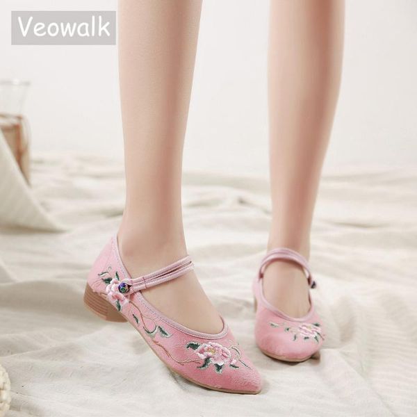 

veowalk ручной работы вышитые женщины хлопок ткань мэри джейн обувь ретро дамы повседневный костюм flats танцевальная обувь острым носом, Black