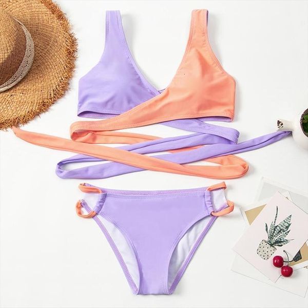 

color patchwork crossbody bndage women bikini set 2020 push up padded swimming suit summer bathing suit swimwear, White;black