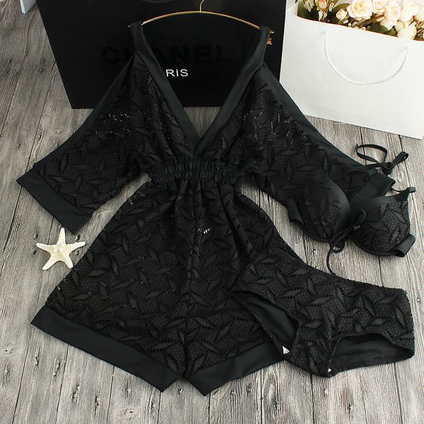 

new push up women lace swimwear retro black white cut out cover up bathing suit set dress summer sea 3 piece