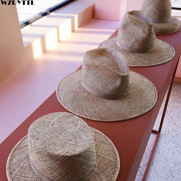 

classic summer hat for men women handmade cool woven straw fedora hat stylish sun hat beige band jazz cap kentucky derby y200714, Blue;gray