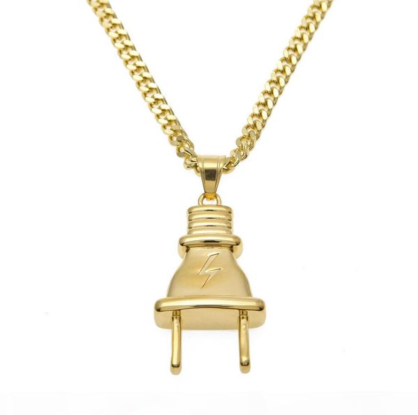 

men women gold black plug pendant stainless steel gold color bling hip hop necklace cuban chain fashion punk jewelry, Silver