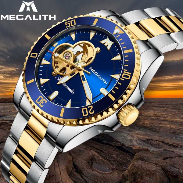 

megalith luxury automatic mechanical men watch tourbillon waterproof sport watches male wristwatch steel clock relogio masculino, Slivery;brown