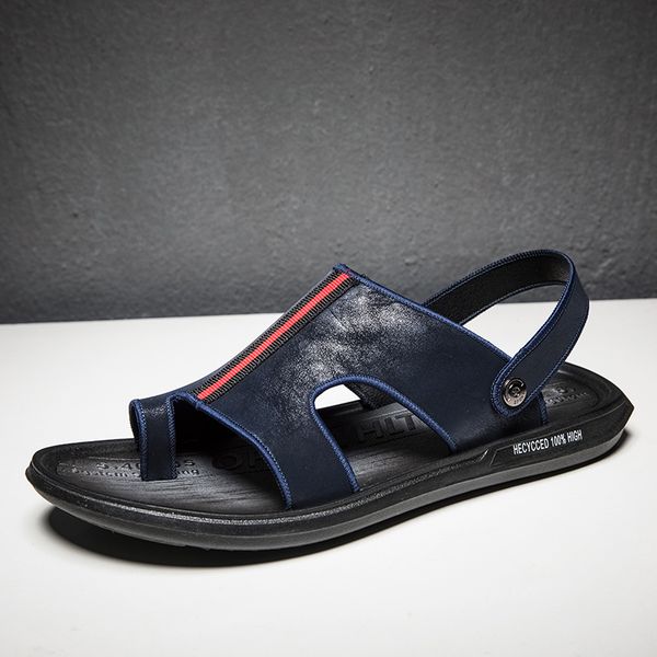 

summer men pu leather slippers casual beach shoes man outdoor sandals for man brown dark blue slip on sandals mens, Black
