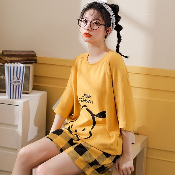 

women's pajamas summer sweet cute short-sleeved korean cartoon knitted cotton girlshome wear shorts and shorts pajamas shortssuit, Blue;red