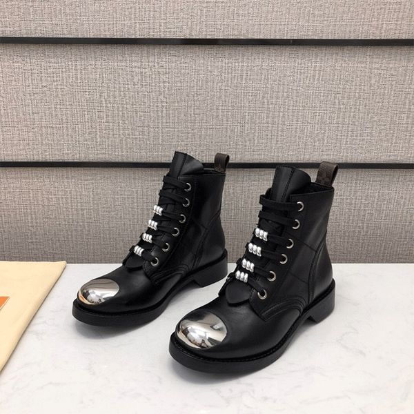 

designer womens boots luxury black splicing metal toe cap round head flat military uniform boot with box size 35-40