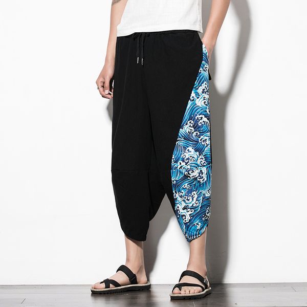 

chinese style harem loose wide leg bloomers male jogger workout casual trousers men cotton harem pants japanese men pants, Black