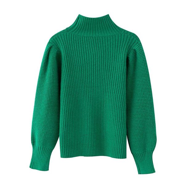 

fall 2020 women's new round neck bubble long sleeve fresh green college style simple wild slim slim sweater, White;black