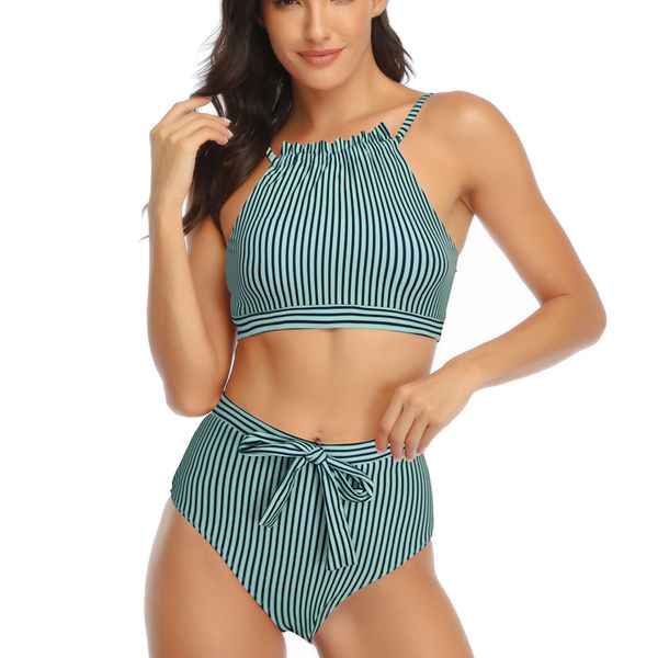 

green and white stripe tank bikini sets high-waisted swimsuit two pieces swimwear women 2019 beach bathing suits