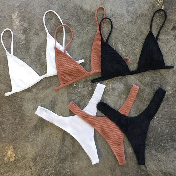 

bandeau tanga bikini ribbed bikinis 2020 high cut bikini set polyester brazilian swimsuit thong swimwear women girls swimming suit, White;black