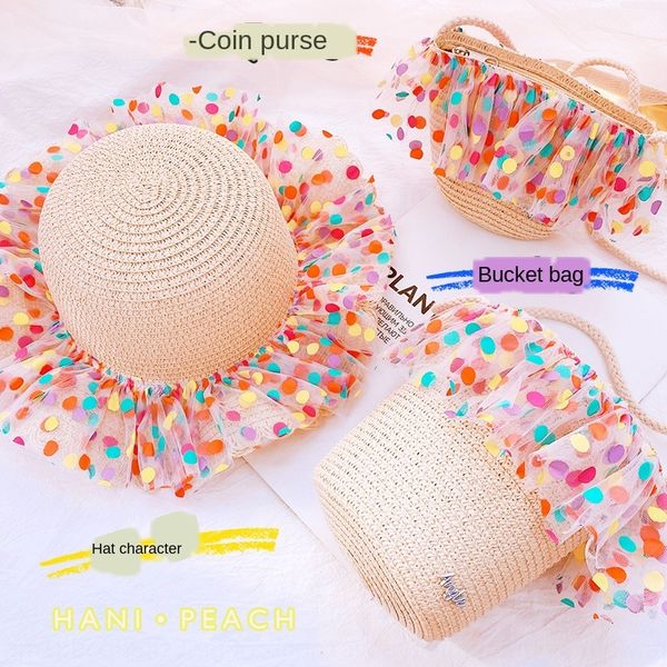 

hd42614a05 ins girls' style colorful polka dot lace sunscreen hat mesh lace children's sunscreen hat straw bag girls, Yellow