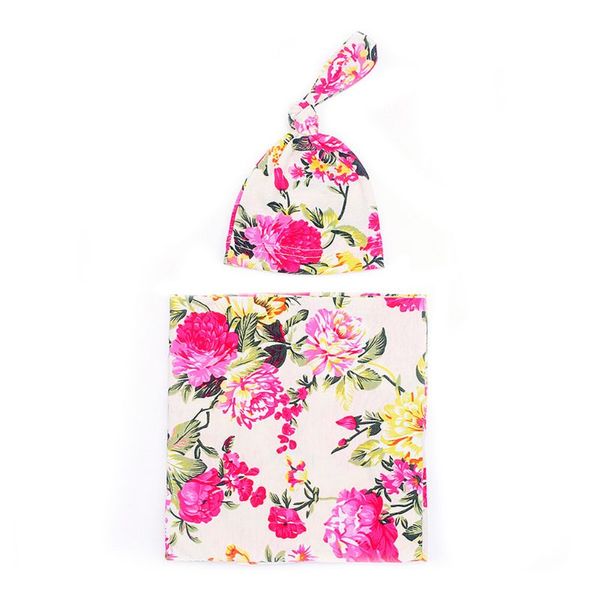 

2pcs newborns soft floral printed blanket knotted hat set infants wrapped towel gxmb