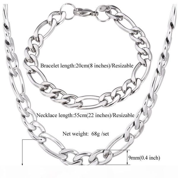 

new 316l stainless steel chunky figaro chains necklace bracelets for men quality cool jewelry never fade 9mm 22inch yls201, Silver