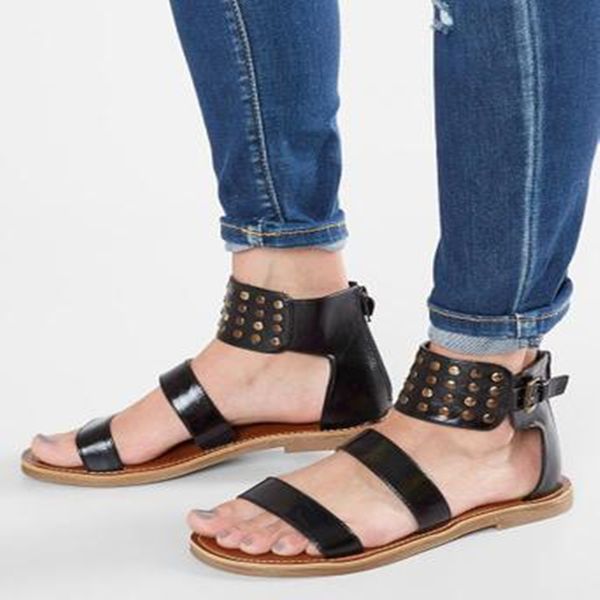 

sandals siddons women gladiator summer 2021 female shoes woman buckle strap rivet casual ladies black leather flat