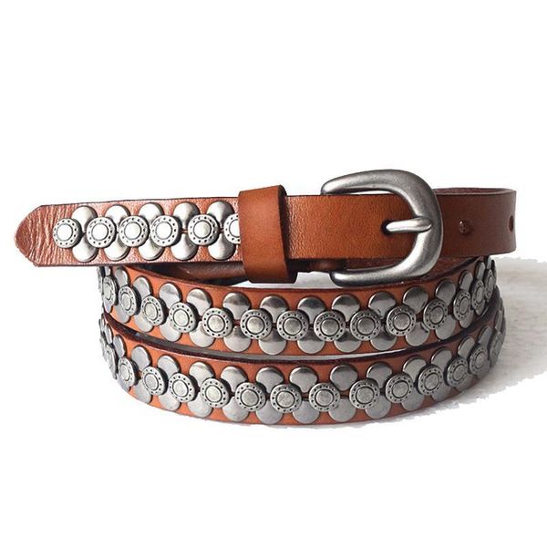 

women 100% layer rivet punk belt cow genuine leather handcrafted cintos masculinos female strap belt for jeans, Black;brown