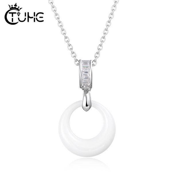 

classic circle round pendant necklace with cubic zirconia pink blue white ceramic chain for women jewelry, Silver