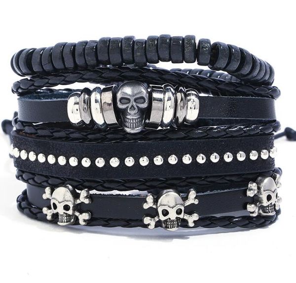 

2020 cowhide bracelet braided punk skull multi layer bracelet wooden beads men's leather bracelet size adjustable 4styles/1set, Black