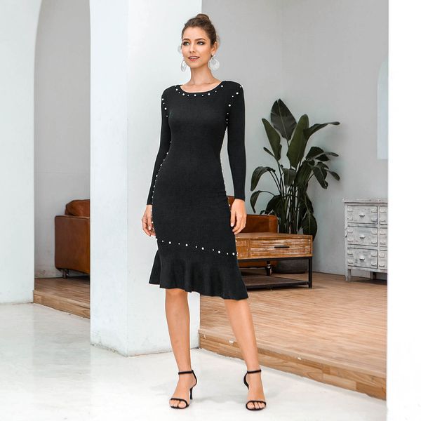 

ruffle knitting dress fashion casual ladies clothing womens designer bodycon dresses long sleeve solid color pearl, White;black