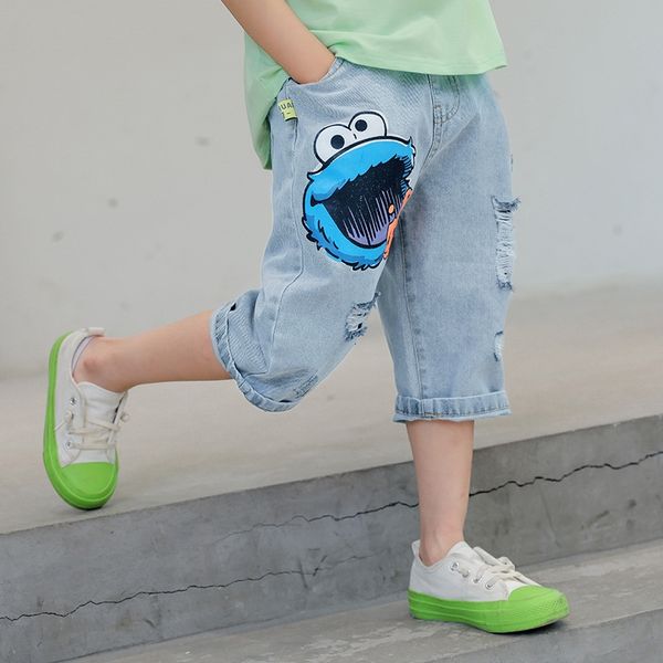 

children's summer 2020 new cartoon little capri pants korean style boy's summer jeans and jeans, Blue