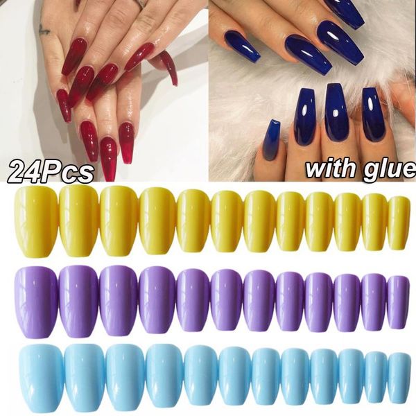 

24pcs ballerina candy color matte false nails pure color long sharp head design coffin shaped full cover artificial fake nails, Red;gold