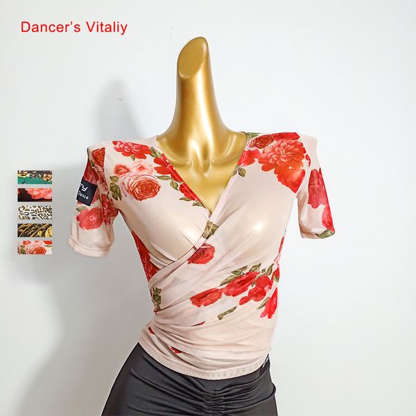 

latin dance female elegant new national standard dancewear two wear shirt short sleeve practice clothing, Black;red
