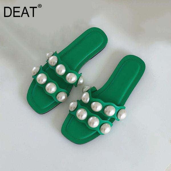 

deat] 2020 new spring summer square toe shallow pu leather pearls outdoor flat slippers women shoes fashion tide 10i127, Black