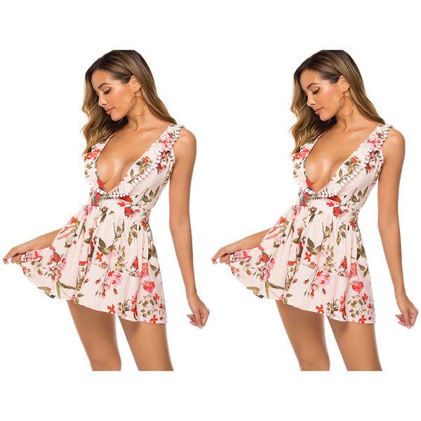 

fashion women beach summer holiday clothes sleeveless v-neck floral jumpsuit ladies jumpsuit, Black;white