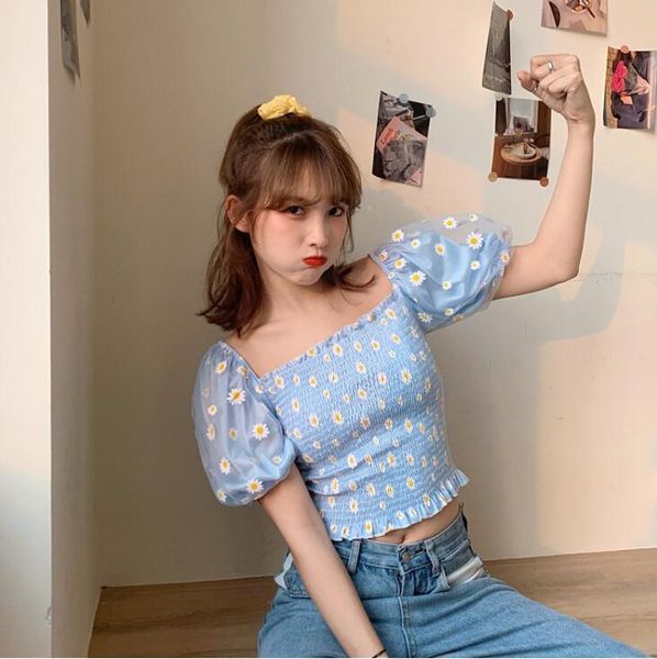 

summer new slash neck daisy mesh short sleeve navel shirt bubble sleeve shirts women, White
